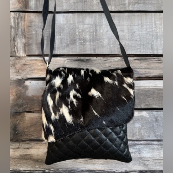 Handbags - New Genuine Cowhide & Quilted Leather Crossbody Flap Bag Western Festival Black